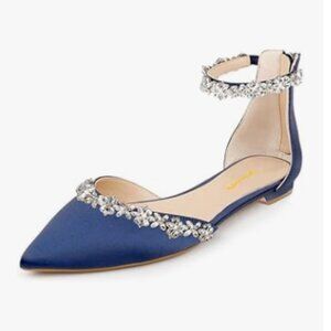 XYD Blue Pointed Toe D'Orsay Wedding Sandal Sparkly Rhinestones Ankle Strap Shoe